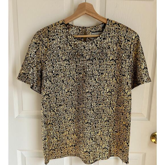 Vintage 90's Gold and Black Metallic Short Sleeve Blouse Size Large - Picture 2 of 7